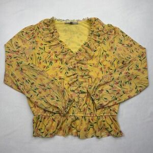 Daniel Rainn Mesh Blouse Womens XS Yellow Floral Smocked Peplum Ruffle Top